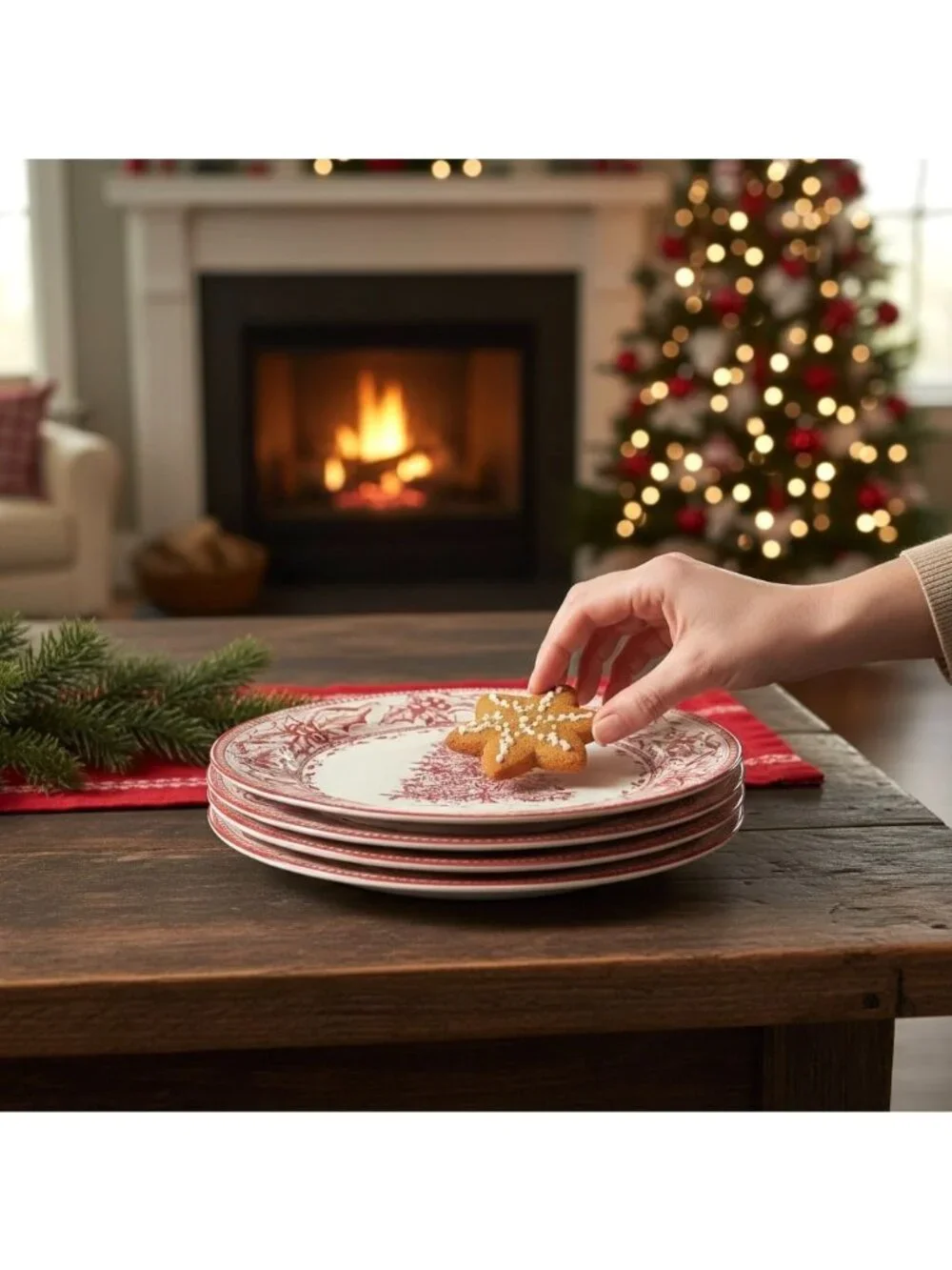 Holiday Tin Plates Set Of 4 Red & White Christmas Tree Design Tableware